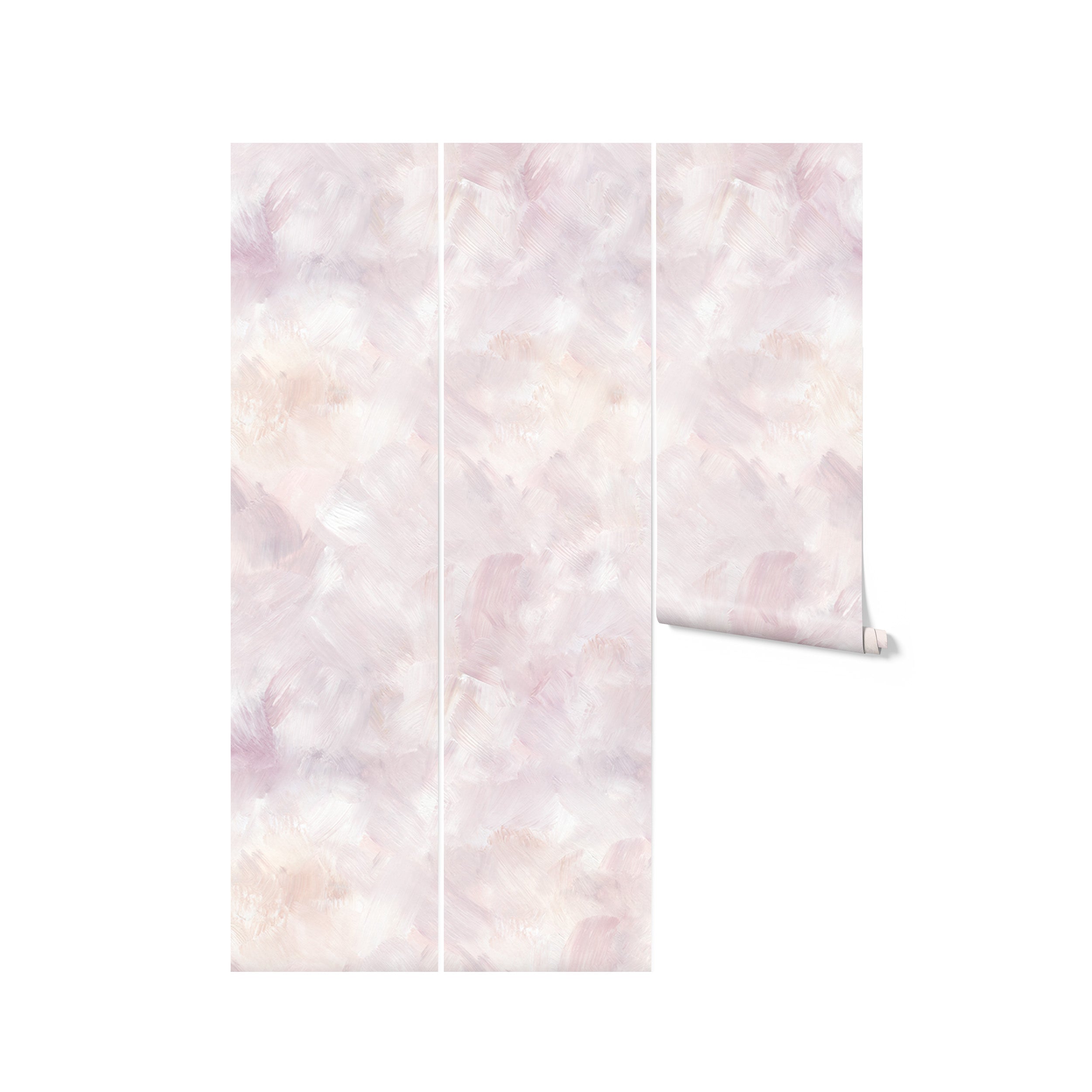 A roll of Pink Paint Texture Wallpaper with a soft, abstract brushstroke pattern in varying shades of pink and white. The wallpaper roll is partially unrolled, revealing its intricate and artistic design, perfect for adding a gentle touch of color to any room.