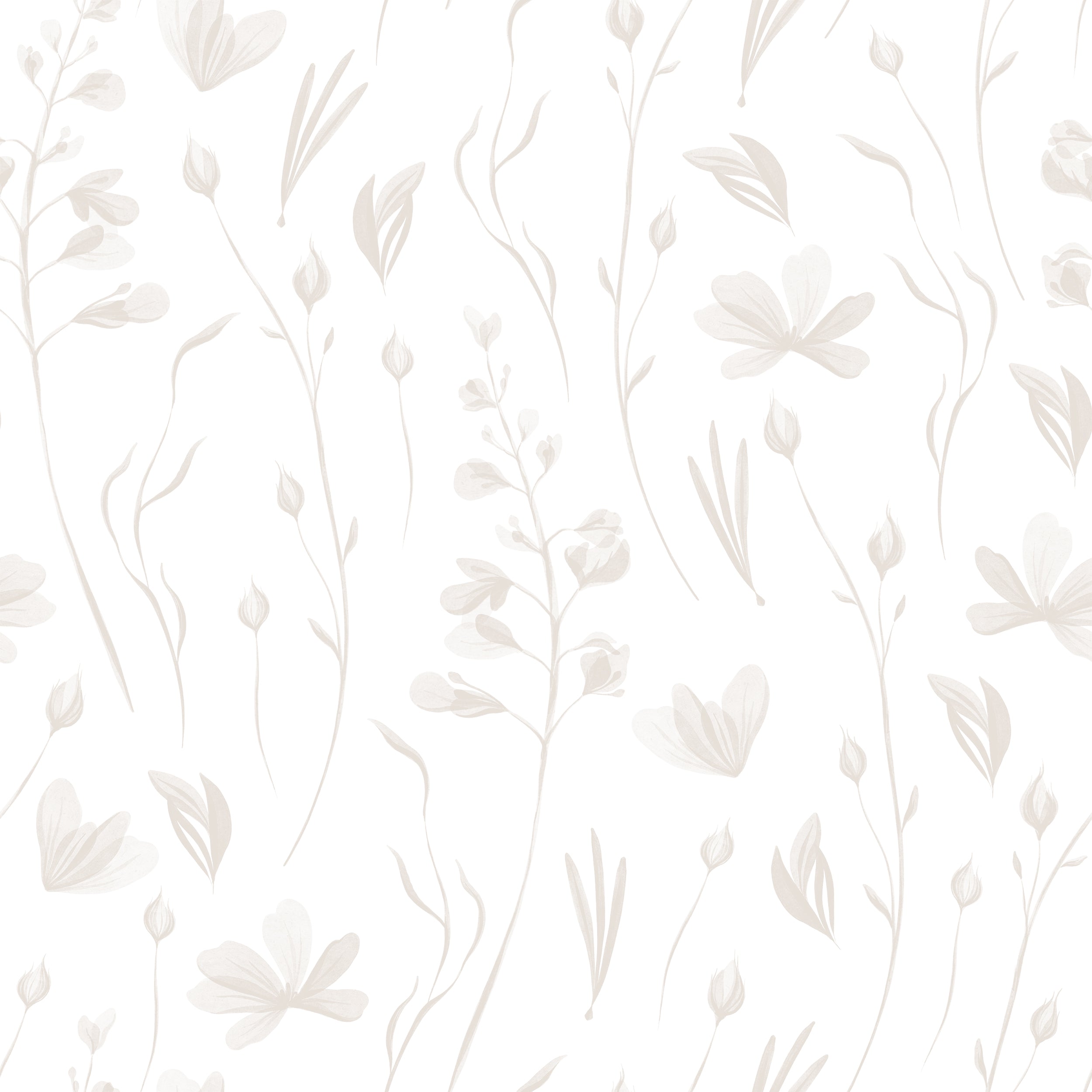 A close-up of the warm grey watercolor floral wallpaper showcasing its subtle tones and artistic watercolor effect, with a pattern of gentle flowers and leaves.