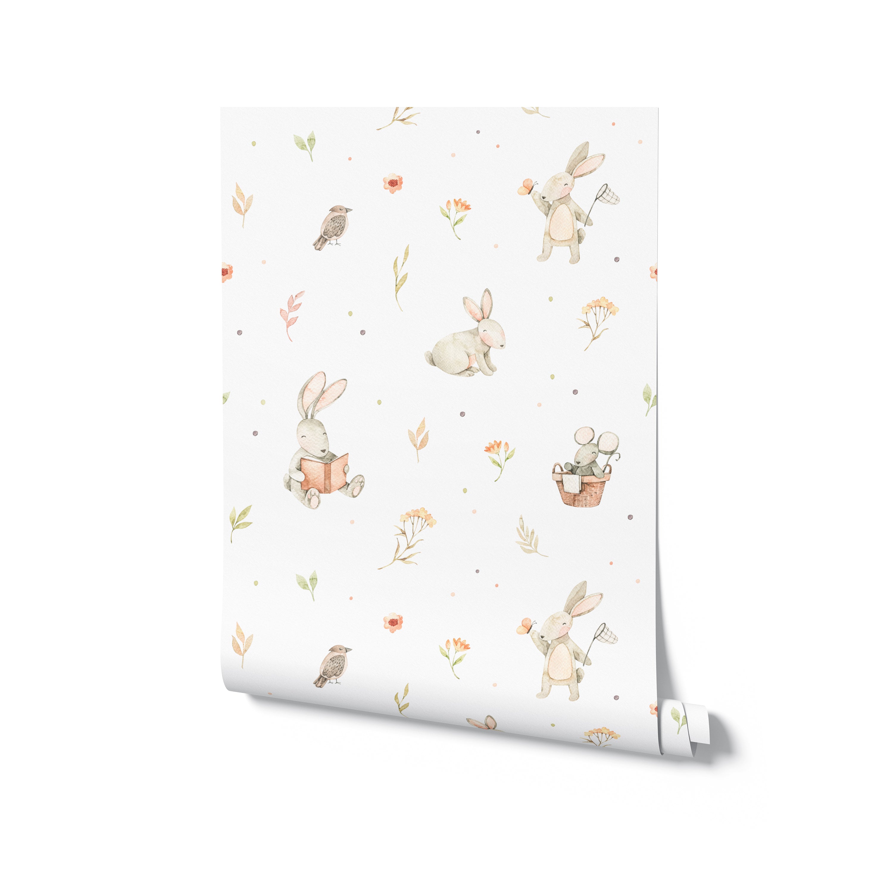 A roll of Watercolour Bunnies Wallpaper displaying the full pattern of adorable bunnies, tiny birds, and scattered foliage in pastel colors. This design is perfect for adding a touch of whimsy and nature to children’s rooms or play areas