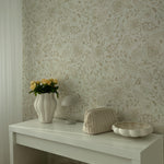 Watercolour Paisley Wallpaper in elegant home office setting with decorative vase and floral arrangement
