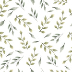 A seamless pattern of delicate green leaves, watercolor-painted, scattered across a pristine white background. Each leaf is detailed with various shades of green, creating a gentle and organic feel suitable for a nursery or any space needing a touch of nature