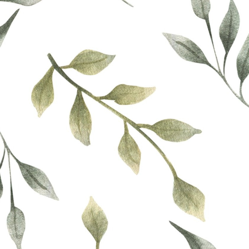 A seamless pattern of delicate green leaves, watercolor-painted, scattered across a pristine white background. Each leaf is detailed with various shades of green, creating a gentle and organic feel suitable for a nursery or any space needing a touch of nature