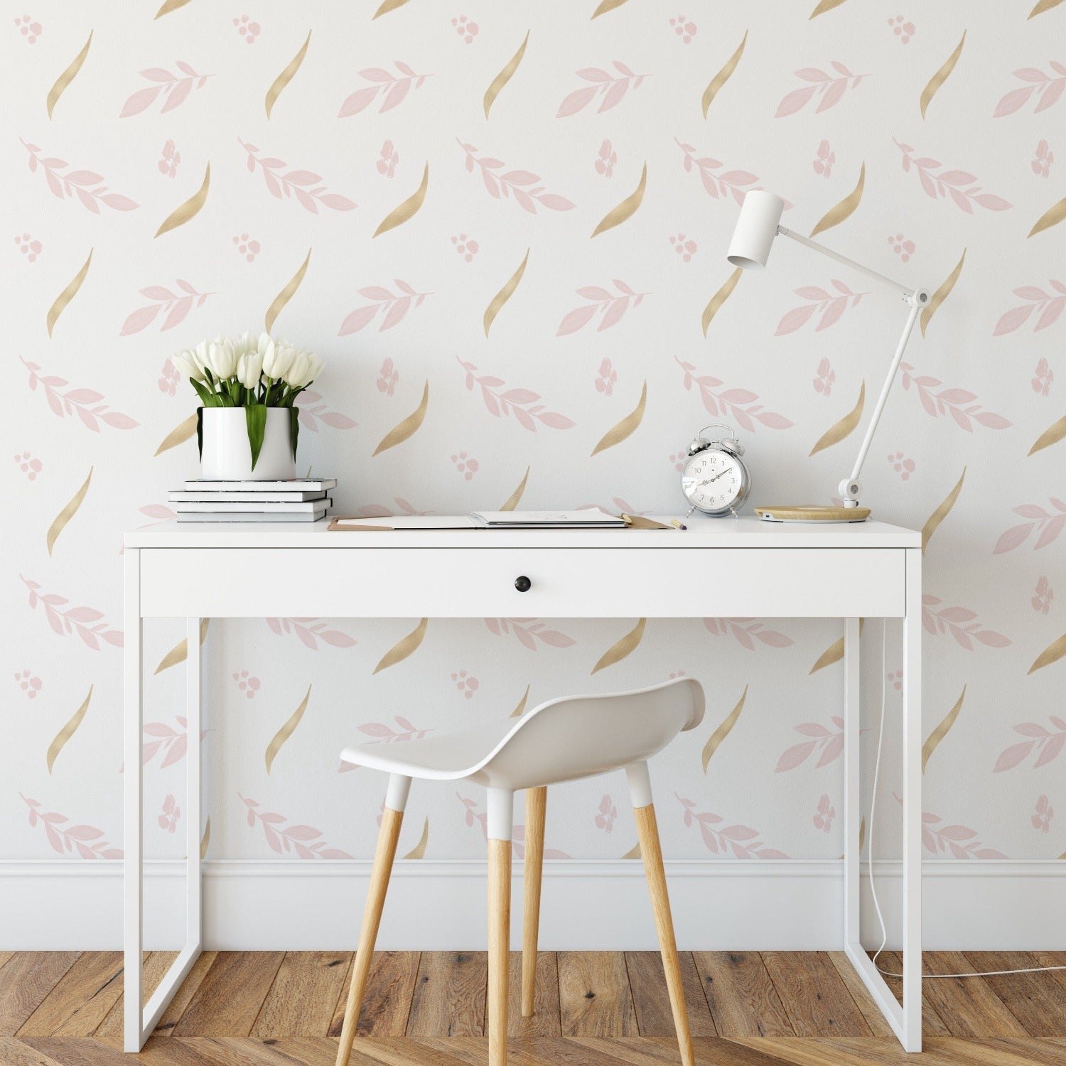 Golden Pink Floral Collection Wallpaper in a modern study setting with a white desk and chair, highlighting the wallpaper's charming floral design.