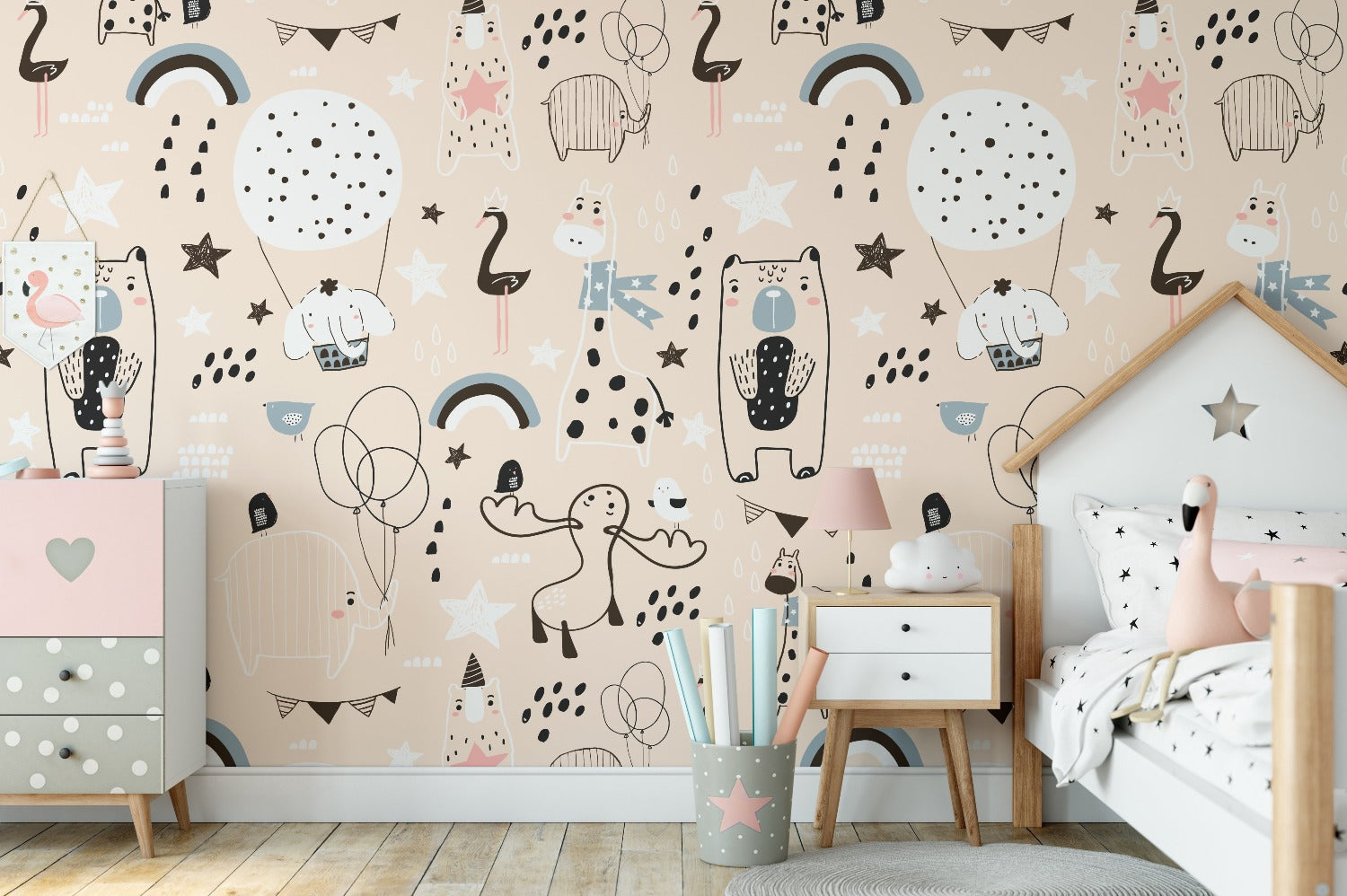 Full view of a child’s bedroom wall decorated with Timberlea Interiors animal doodle wallpaper, showing a seamless pattern integration in a cozy room setting."