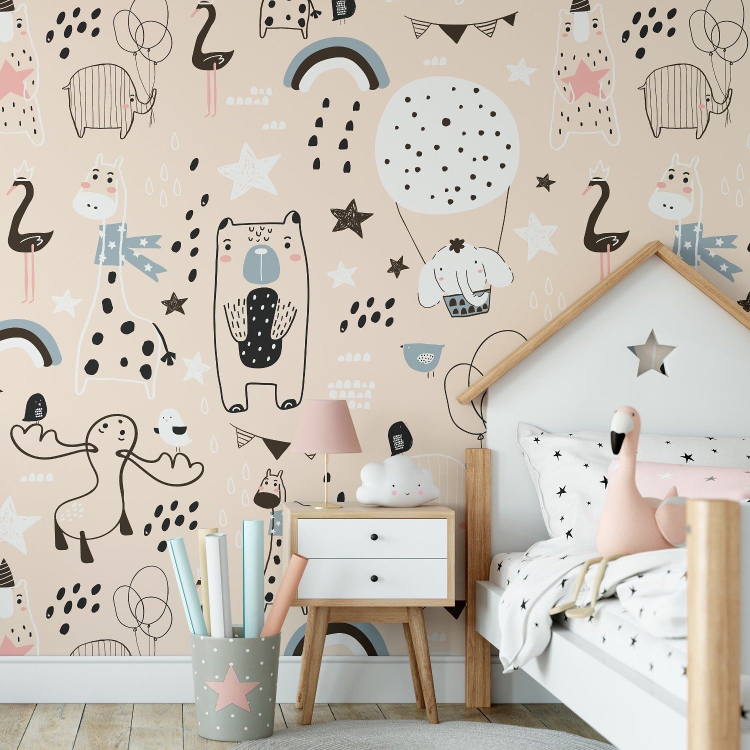 "Decorated kids' room featuring Timberlea Interiors whimsical animal doodle wallpaper in soft beige, enhancing a playful and creative space."