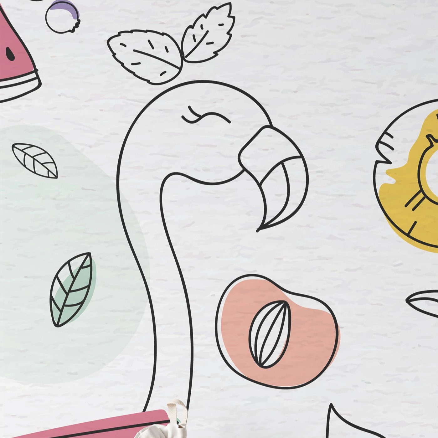 Playful children's room wallpaper featuring whimsical line drawings of various animals and fruits, such as a flamingo,