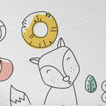 Playful children's room wallpaper featuring whimsical line drawings of various animals and fruits, such as a fox,