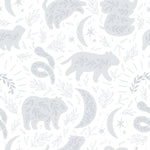 A serene and whimsical pattern of pastel blue bears, moons, stars, and botanical elements adorns a soft white background. The playful yet tranquil design of the Big Kids Boho Wallpaper brings a dreamy bohemian vibe to any child's space.