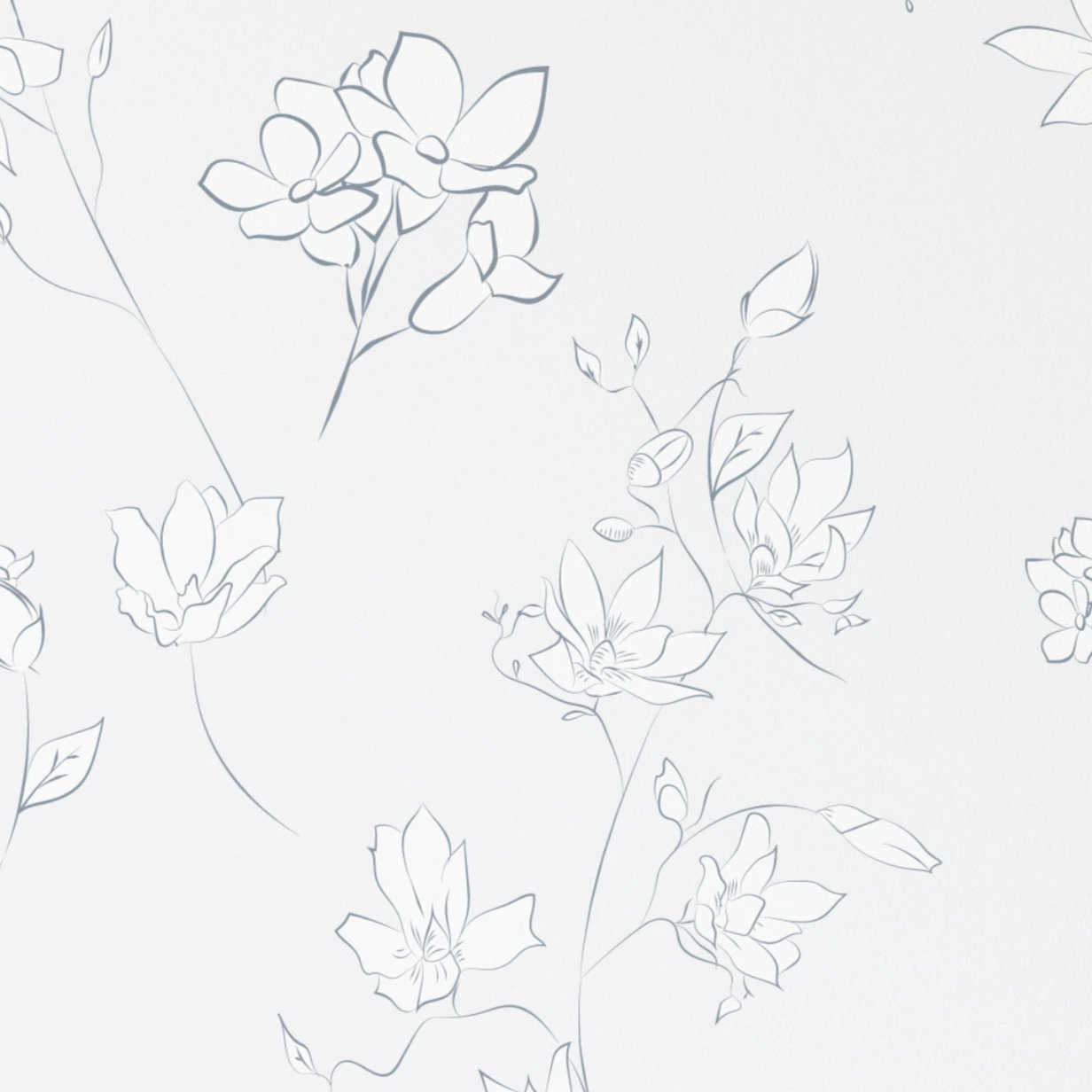 A close-up of the Minimal Floral Wallpaper IX, showcasing a delicate pattern of hand-drawn flowers and leaves in a subtle gray outline on a pristine white background, conveying a sense of simplicity and elegance.