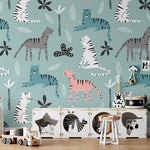 Children's playroom decorated with Kids Wallpaper - Tigers featuring assorted tigers and tropical plants on teal background