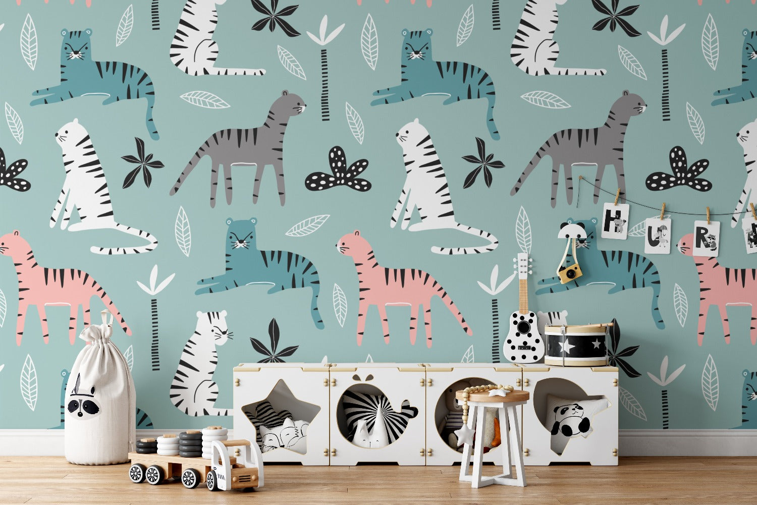 Children's playroom decorated with Kids Wallpaper - Tigers featuring assorted tigers and tropical plants on teal background