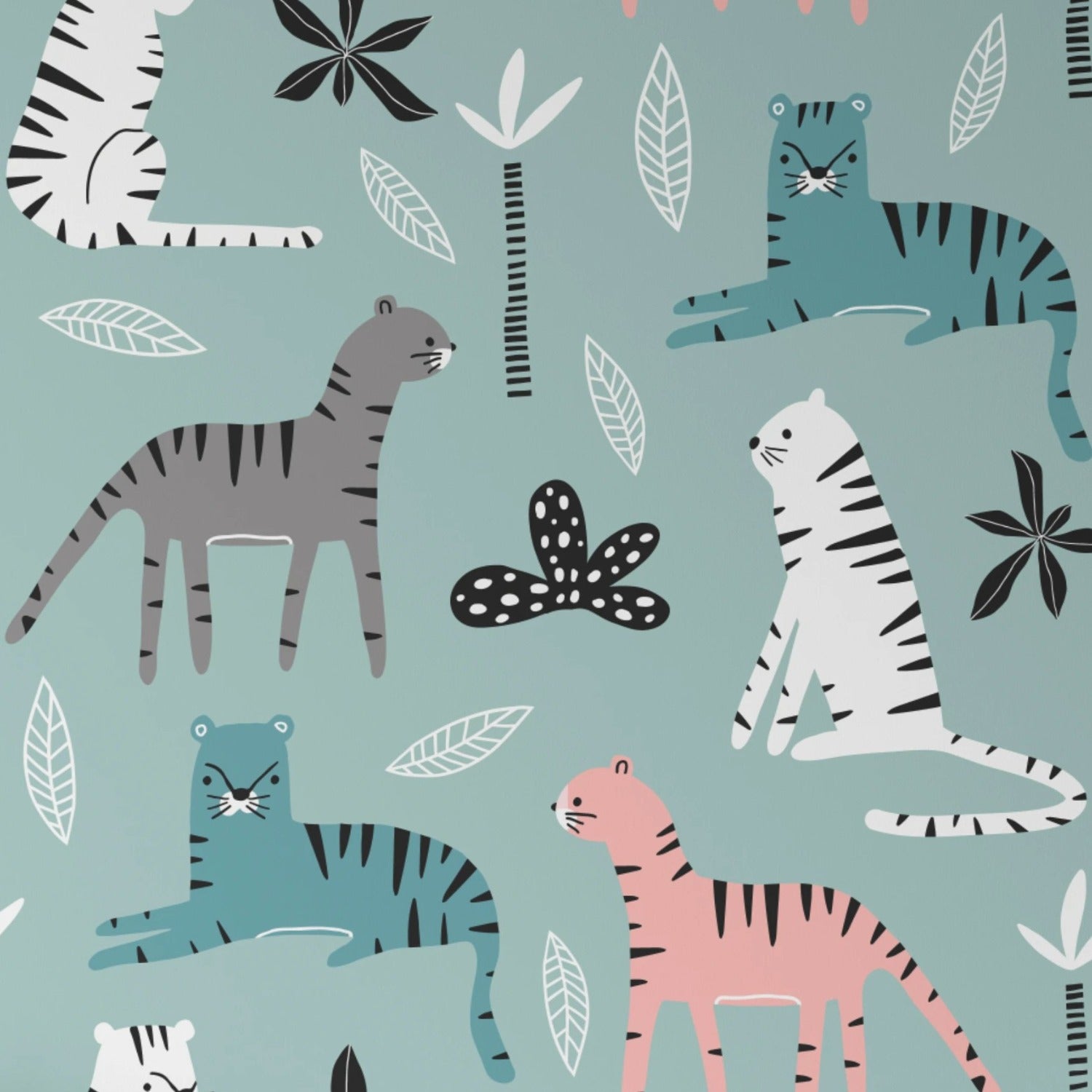 Detailed view of Kids Wallpaper - Tigers with illustrations of tigers, leaves, and flowers on a pale teal background