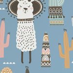 Whimsical llama illustration in festive attire on light blue background with cacti and tribal motifs.