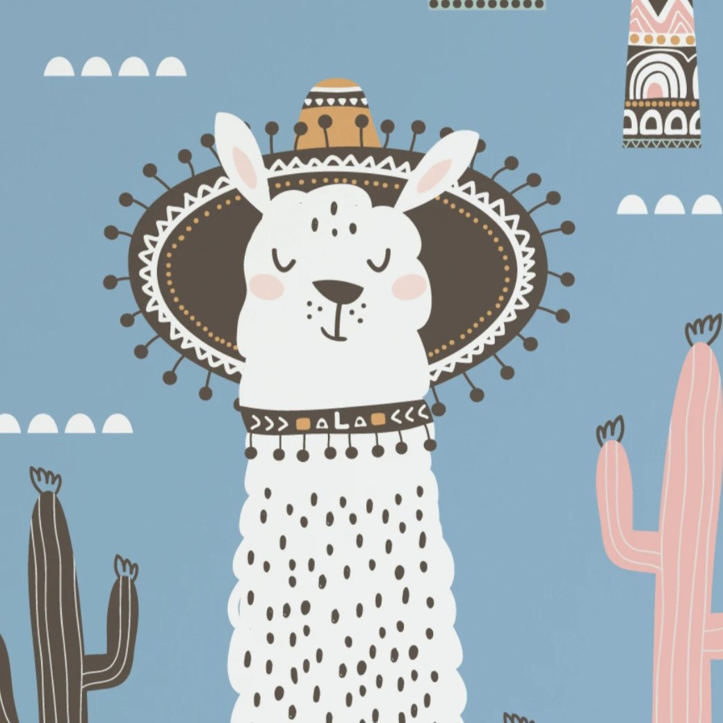 Close-up of a cute llama character with a traditional hat and decorative necklace on patterned wallpaper.