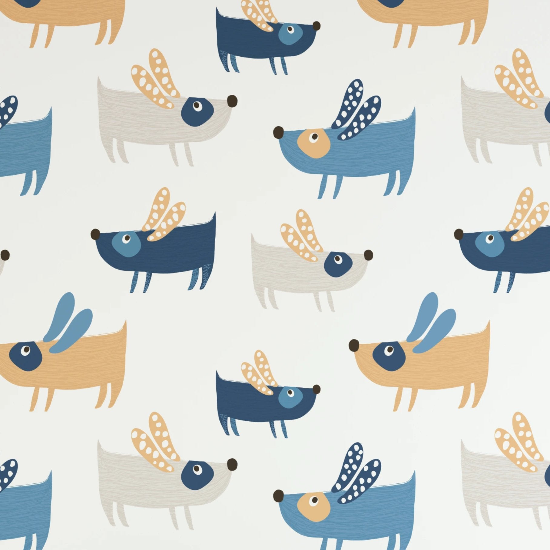 Patterned flying dogs kids wallpaper in pastel colors for nursery or playroom decoration