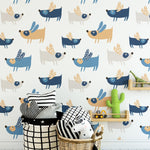 Decorative kids room with flying dogs wallpaper, storage baskets, and colorful accessories