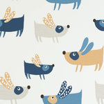 Close-up of flying dogs wallpaper with whimsical dog characters in blue, beige, and white