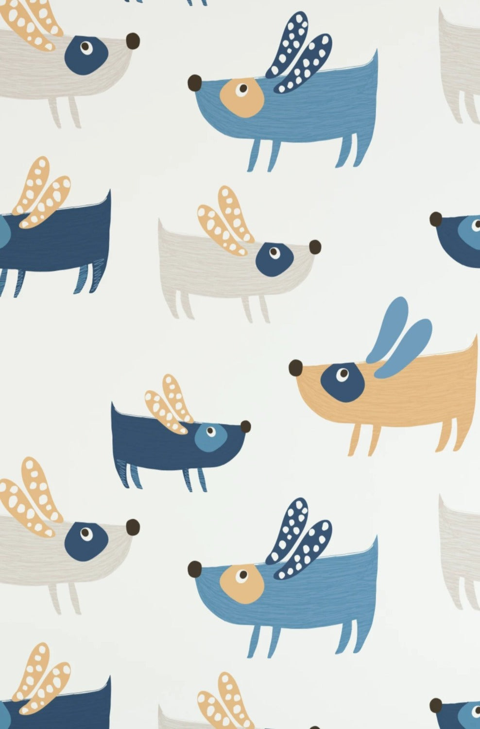 Close-up of flying dogs wallpaper with whimsical dog characters in blue, beige, and white