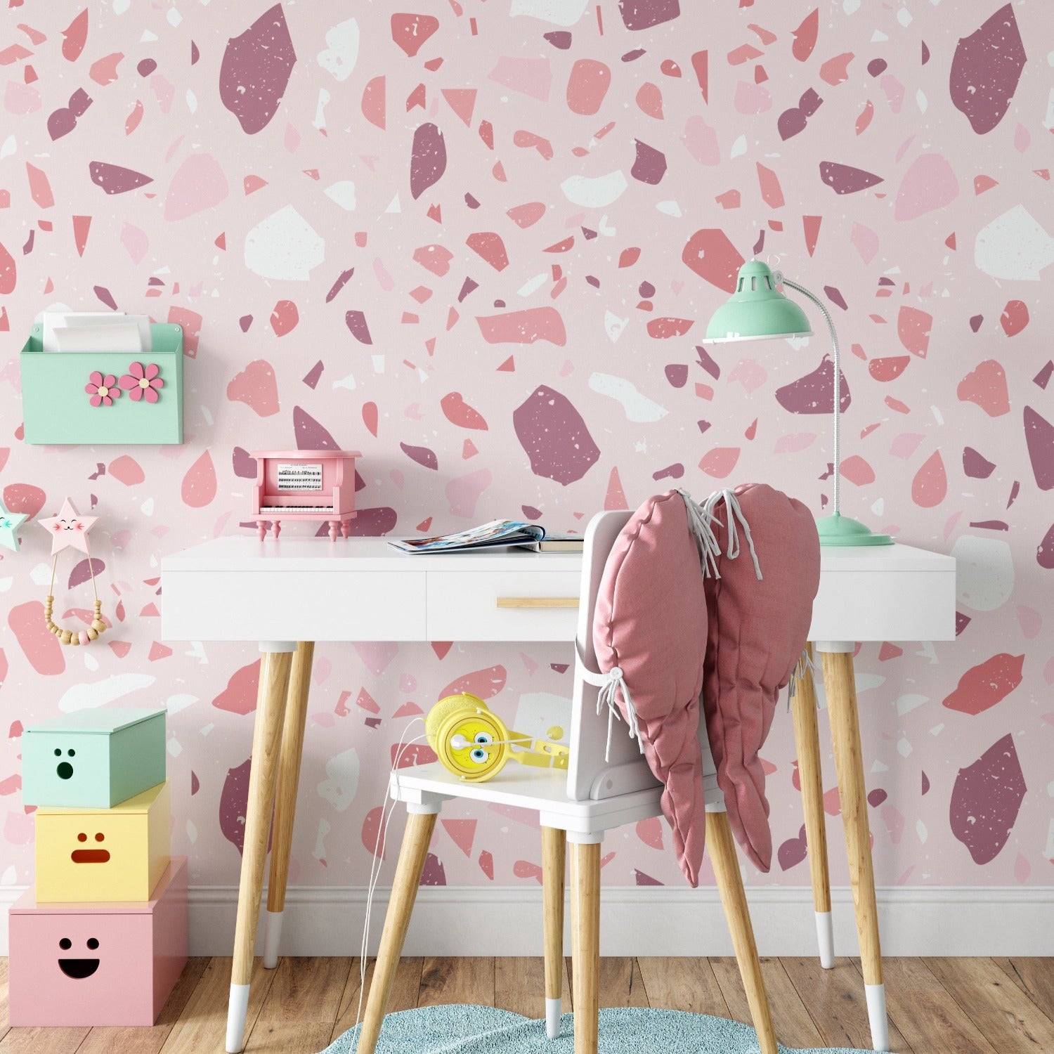 Study desk area with Bubble Gum Terrazzo Wallpaper
