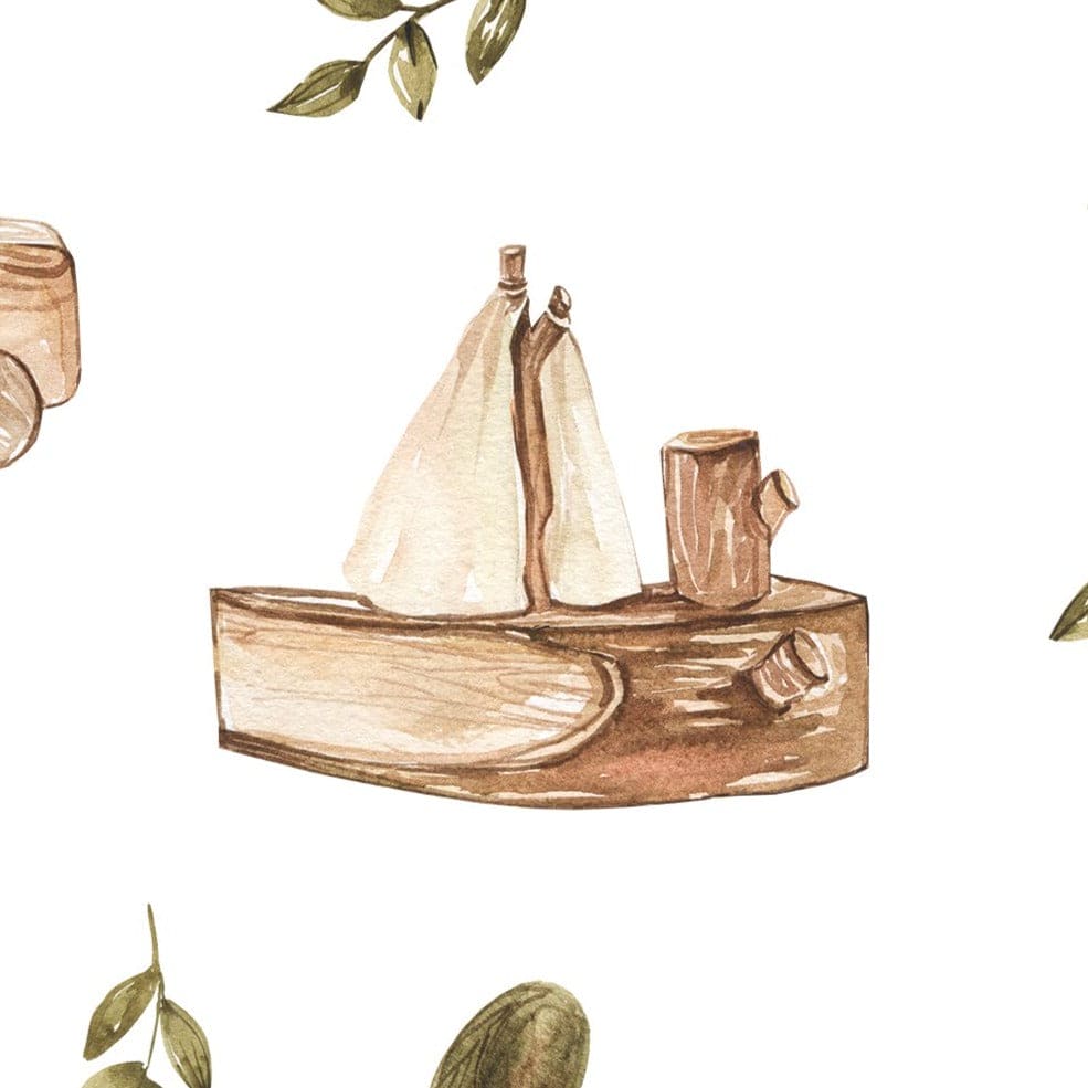 A detailed view of the wallpaper featuring charming watercolor illustrations of sailboats, wooden tractors, maracas, and green leaves. The design has a whimsical and rustic feel, perfect for a child's room.