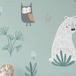 A sample of 'Forest Critters Kids Wallpaper' unfurling to reveal a heartwarming pattern of forest animals in muted colors, perfect for creating a nurturing and imaginative environment for children.