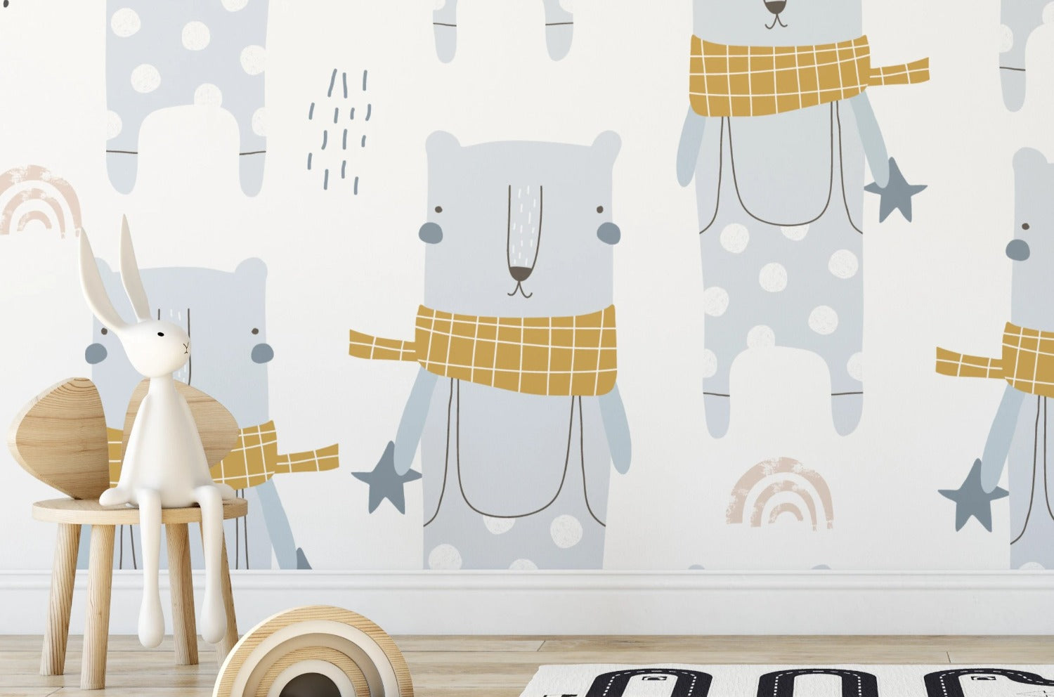 Child's Room Decorated with Polar Bear Express Wallpaper Featuring Polar Bears in Scarves