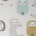 A close-up view of the "Sleepy Sloths Wallpaper", highlighting the gentle and soft color palette and the detailed texture resembling fur on each sloth. The designs are placed against a clean, white background that enhances the calm and sleepy theme. The sloths appear in a repeating pattern, each with a unique pose and expression, creating an overall effect that is both soothing and charming.