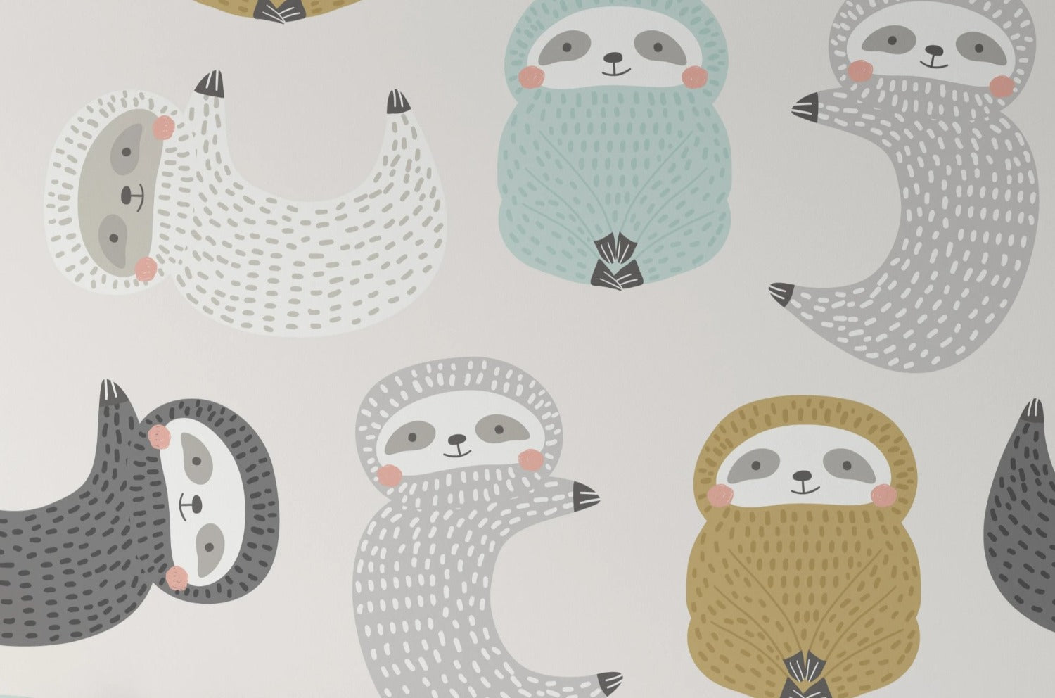 A close-up view of the "Sleepy Sloths Wallpaper", highlighting the gentle and soft color palette and the detailed texture resembling fur on each sloth. The designs are placed against a clean, white background that enhances the calm and sleepy theme. The sloths appear in a repeating pattern, each with a unique pose and expression, creating an overall effect that is both soothing and charming.