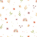 A watercolor-patterned wallpaper featuring whimsical rainbows and an assortment of flowers and leaves scattered against a soft white background.