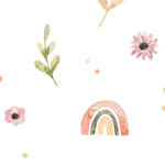 A watercolor-patterned wallpaper featuring whimsical rainbows and an assortment of flowers and leaves scattered against a soft white background.