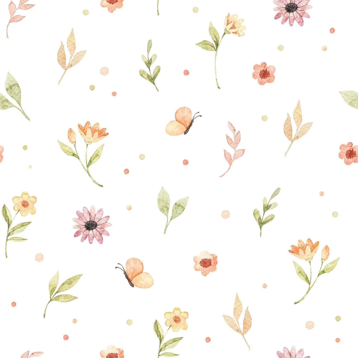 A close-up view of 'Butterfly and Flower Wallpaper' showing a watercolor print with whimsical butterflies and an array of delicate flowers in soft hues of pink, orange, and green, interspersed with tiny dots, creating a playful and enchanting pattern