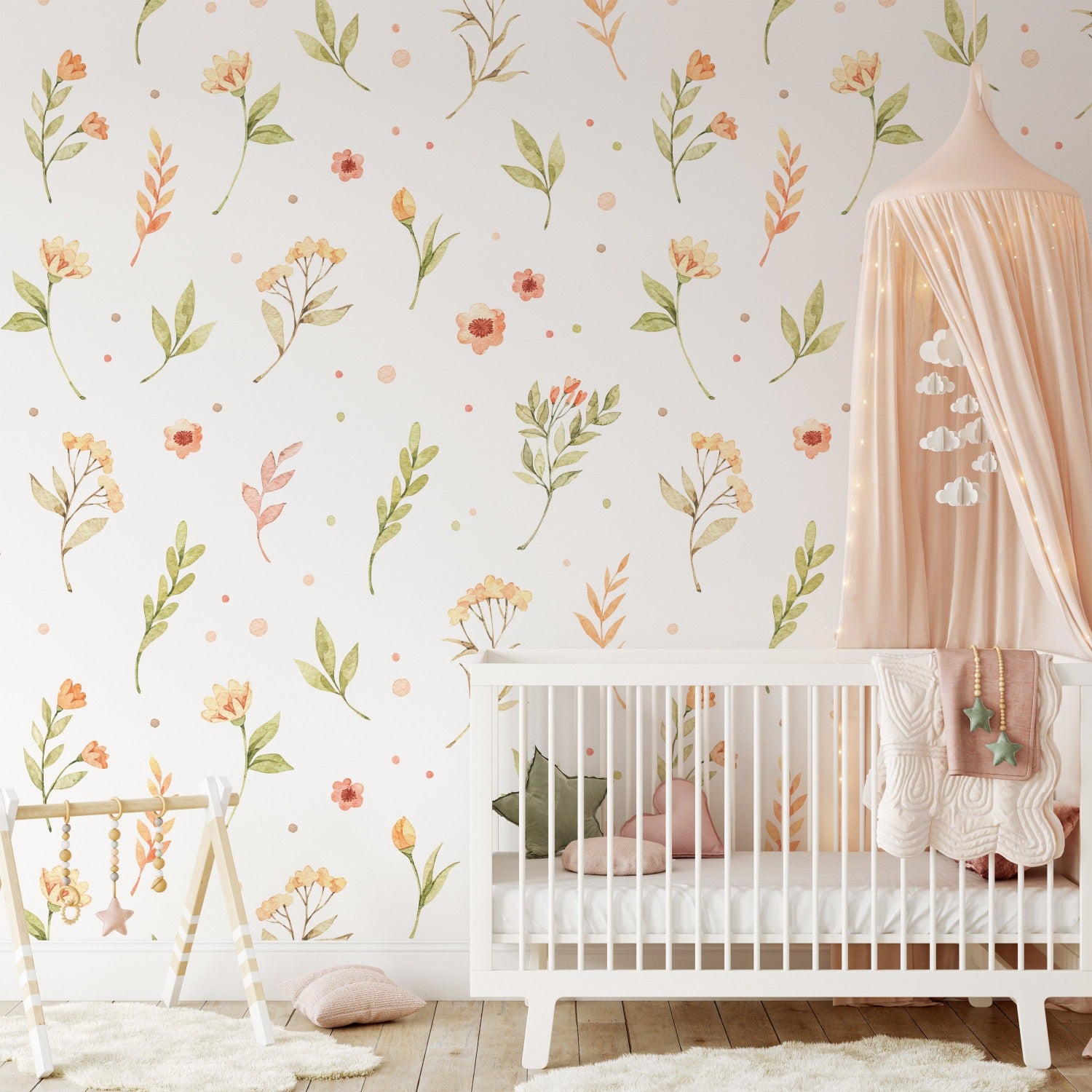 A cozy nursery room featuring the Flower and Leaf Wallpaper, which adds a playful yet gentle botanical theme with its pastel flowers and foliage, complementing the room’s warm tones and white furnishings
