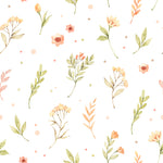 The Flower and Leaf Wallpaper displays a delicate and whimsical watercolor illustration of various flowers and leaves in soft oranges and greens, sprinkled with tiny dots, set against a clean white background