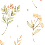The Flower and Leaf Wallpaper displays a delicate and whimsical watercolor illustration of various flowers and leaves in soft oranges and greens, sprinkled with tiny dots, set against a clean white background