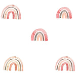 A playful pattern of hand-painted watercolor rainbows in pastel shades of pink, beige, and gold on a white background. Each rainbow is composed of three arches with a touch of watercolor texture, spaced evenly in a repeating pattern.