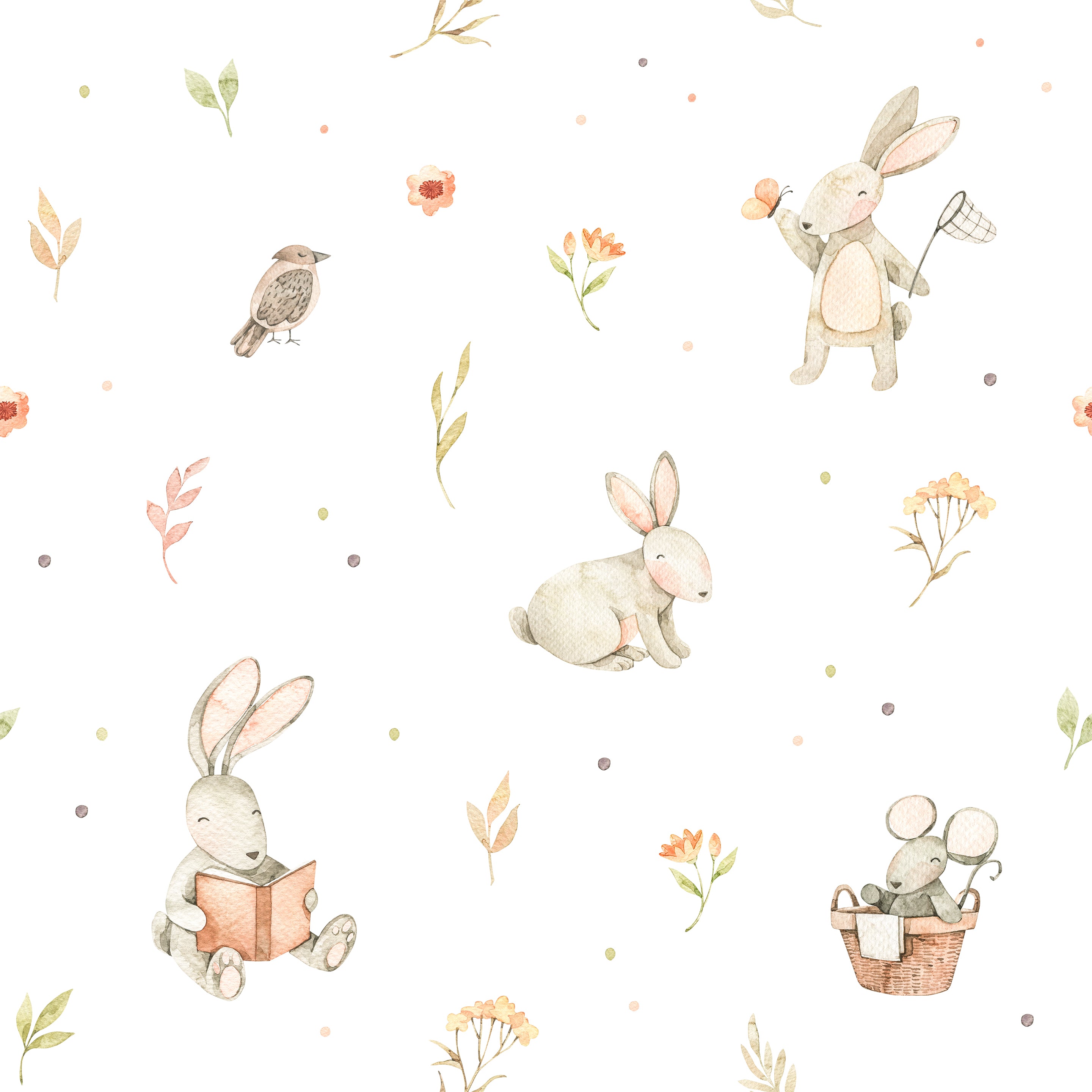 A charming pattern featuring watercolor bunnies in various activities, such as reading and playing, along with birds, flowers, and leaves, all set against a white background with colorful dots. The design evokes a sense of a peaceful, natural world filled with wonder.