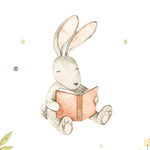 A whimsical illustration of a gray watercolor bunny reading an orange book, with a content smile on its face. The image is detailed with soft brushstrokes, creating a serene and storybook-like atmosphere on a plain background with subtle color dots.