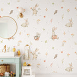 wallpaper, peel and stick wallpaper, Home decor, Bunnies wallpaper, Watercolor bunnies wallpaper, Kids room wallpaper, Multicolor wallpaper, 