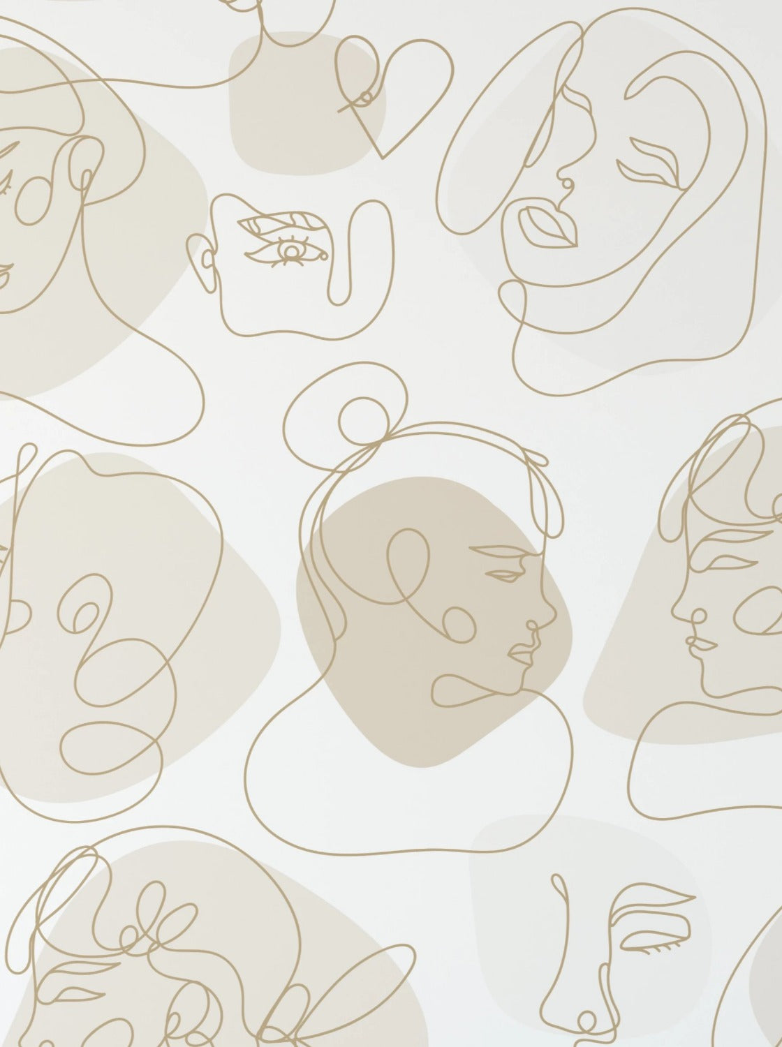 A close-up view of the wallpaper roll with golden line drawings of abstract faces on a white backdrop. The roll is partially unrolled, displaying the elegant and flowing artwork that covers the paper.