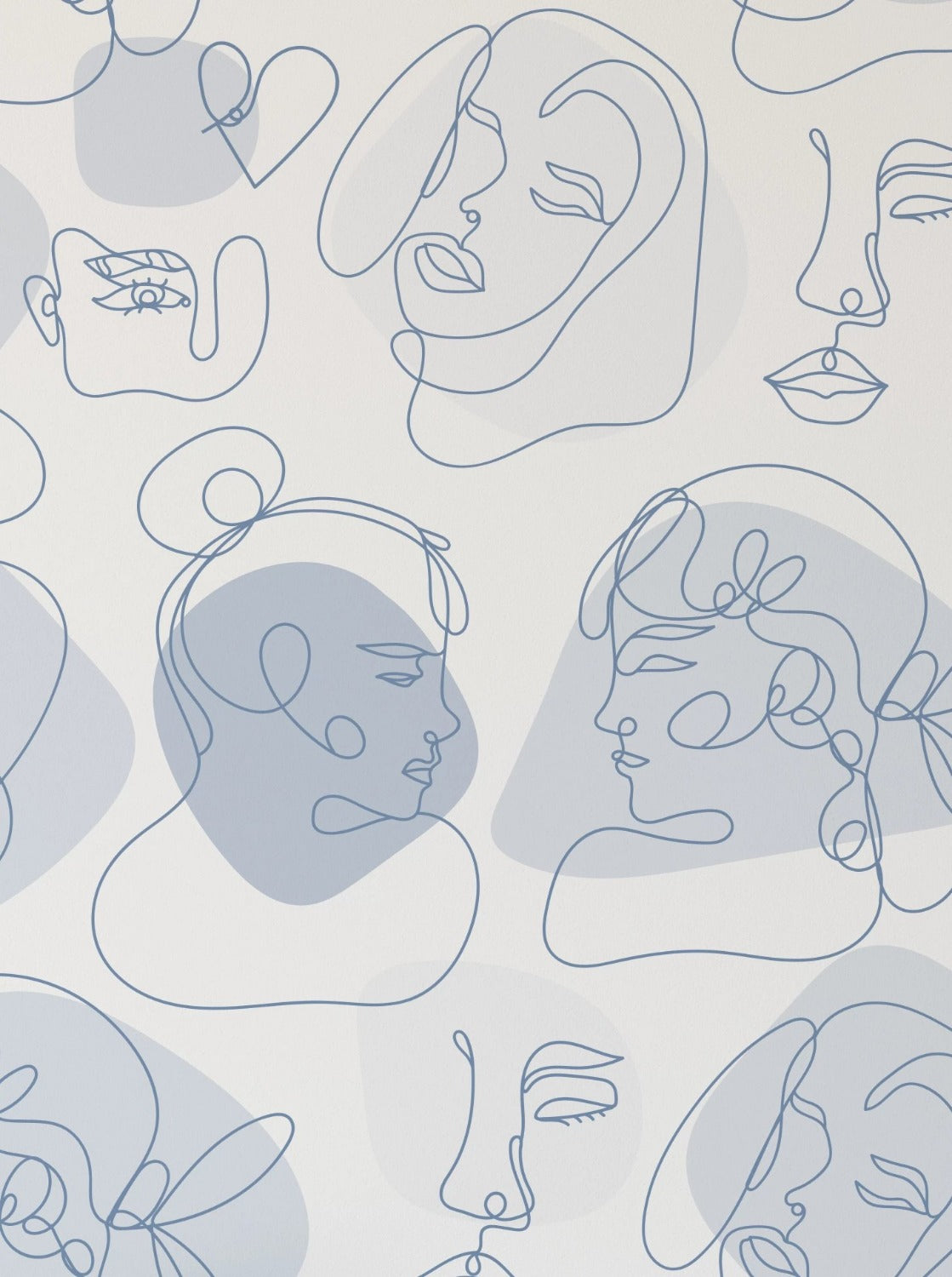 A detailed wallpaper design showcasing abstract line art of various faces in monochromatic blue on a soft gray background. The faces are stylized with simple, continuous lines that form eyes, noses, lips, and decorative elements like flowers and abstract shapes.