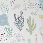 Close-up of Kids Wallpaper - Doodles featuring whimsical doodles of various plants, cacti, and abstract shapes in pastel colors on a white background.