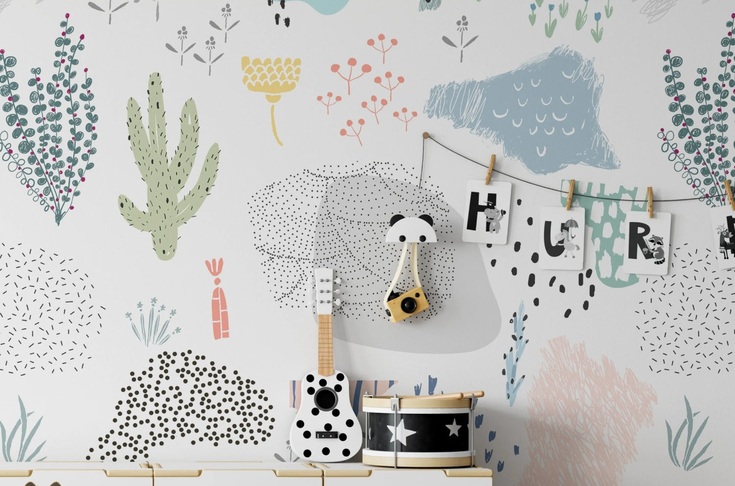 Kids' play area featuring Kids Wallpaper - Doodles with whimsical doodles of various plants and abstract shapes in pastel colors, creating a fun and creative environment.