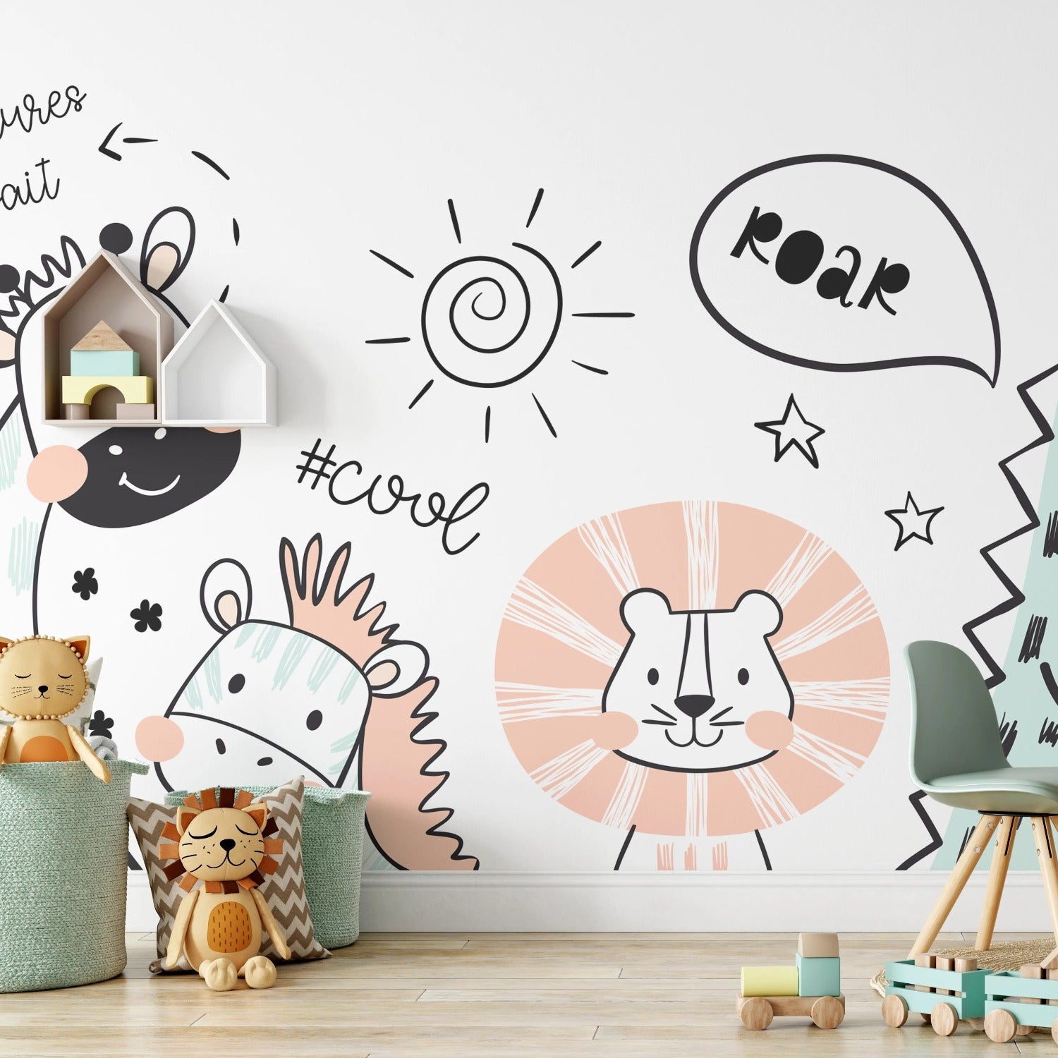 A vibrant children's room wall mural, Kids Wallpaper - Animal Mural II, with playful cartoon animals like a smiling giraffe, a friendly lion, and a cheeky crocodile. Words like 'adventures await' and 'roar' bubble around them, encouraging a playful and imaginative atmosphere.