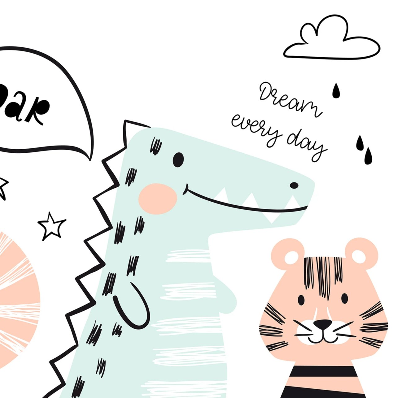 A close-up of the Kids Wallpaper - Animal Mural II showcasing a portion of the playful design with a teal crocodile and a pink-cheeked tiger. Phrases like 'Dream every day' add a whimsical and inspiring touch to the fun and friendly animal characters.