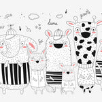 Children's playful animal mural with elephant, panda, giraffe, lama, and fox in monochrome design