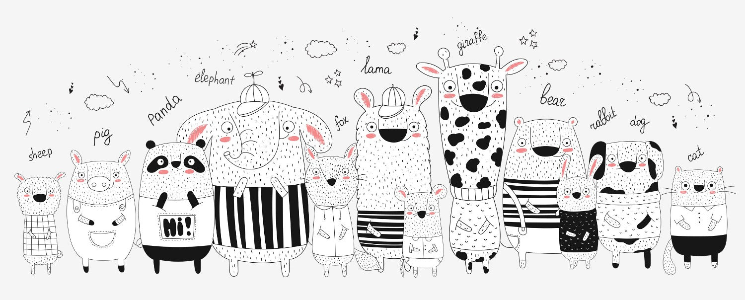 Children's playful animal mural with elephant, panda, giraffe, lama, and fox in monochrome design