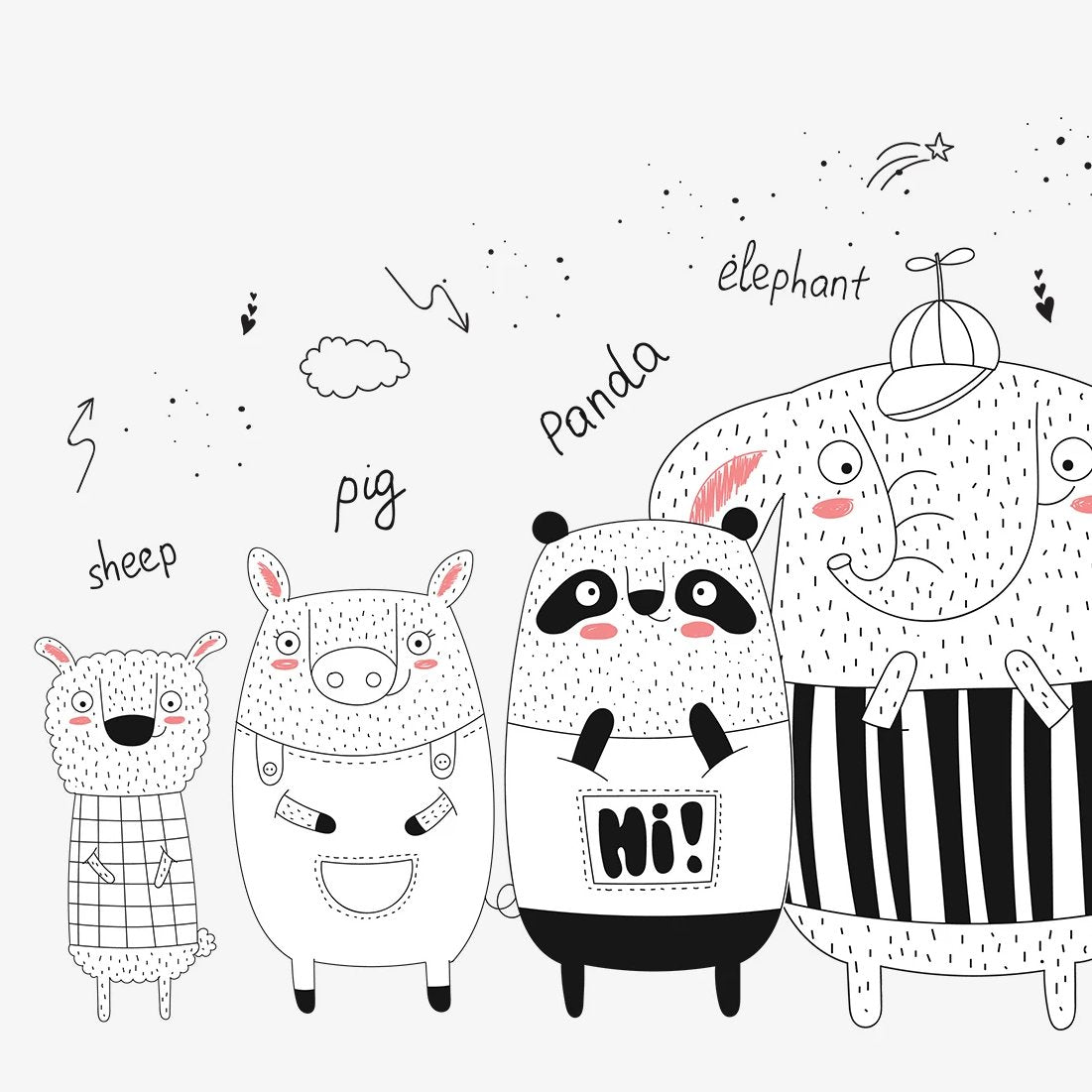 Close-up of children's wallpaper with sheep, pig, panda, and elephant in playful attire