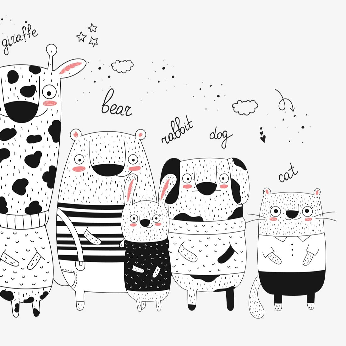 Kids room animal wallpaper featuring giraffe, bear, rabbit, dog, and cat in black and white