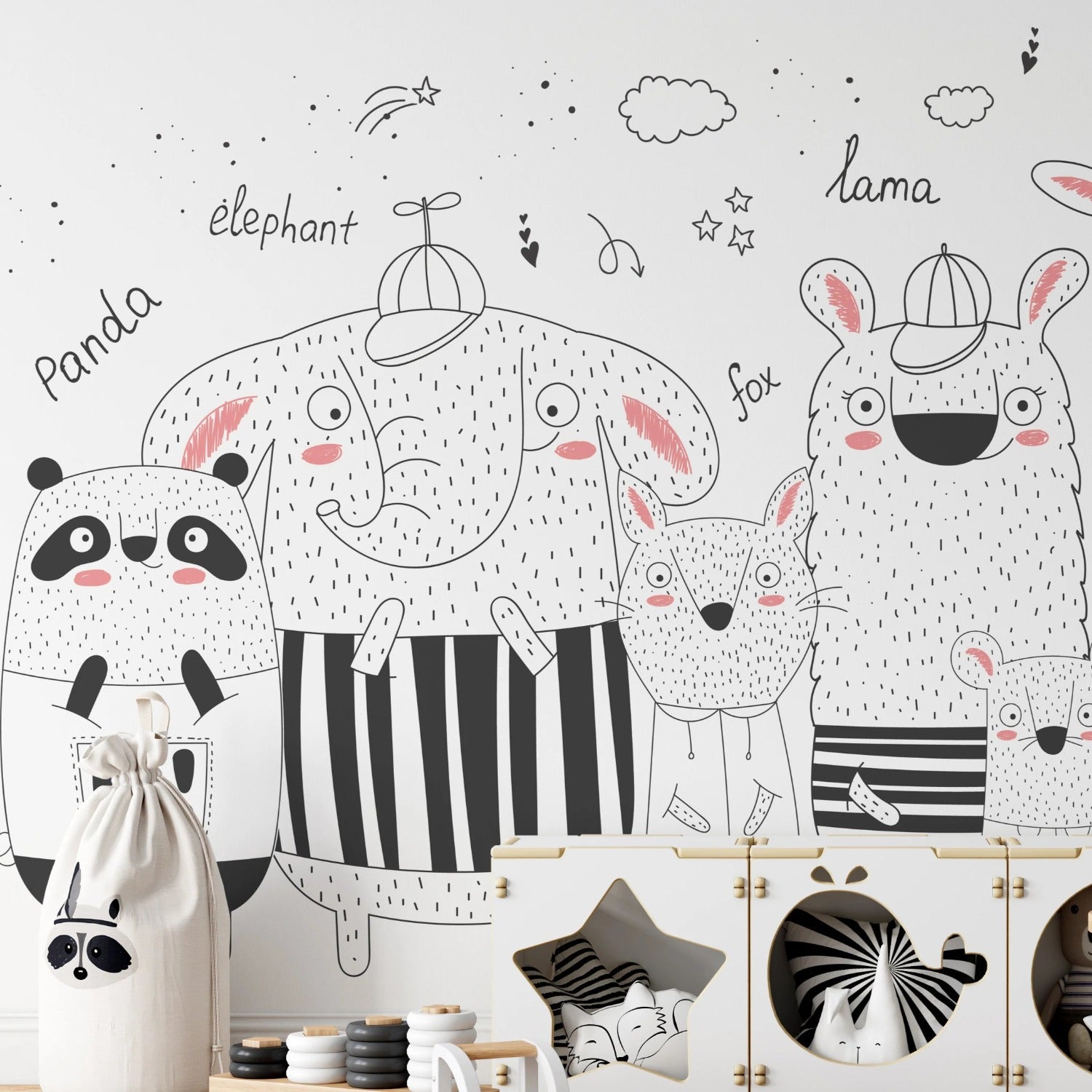 Detailed view of kids animal wallpaper in room setting with elephant, panda, lama, and fox characters
