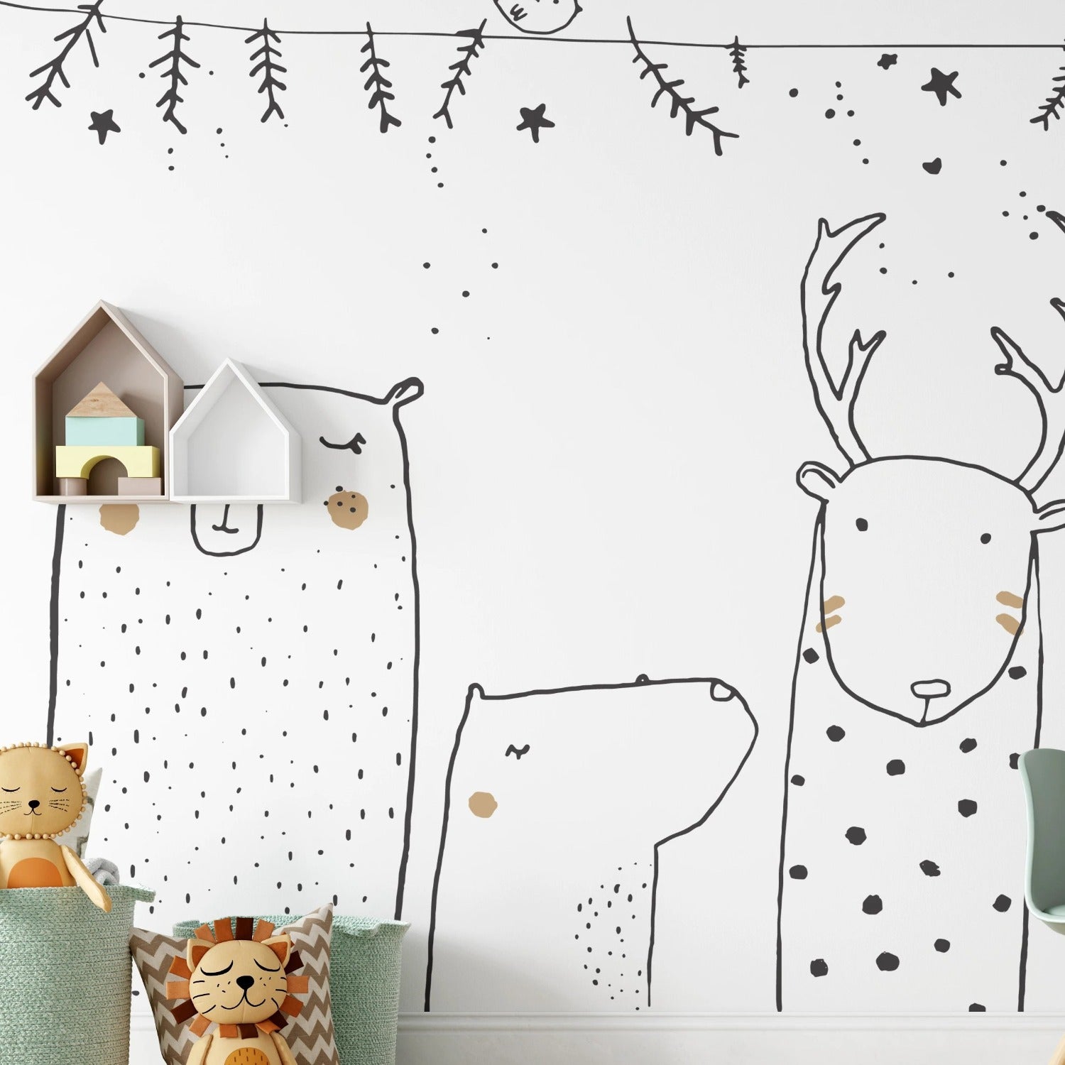 Whimsical children's wallpaper with cartoon bear and deer, perfect for a nursery or playroom